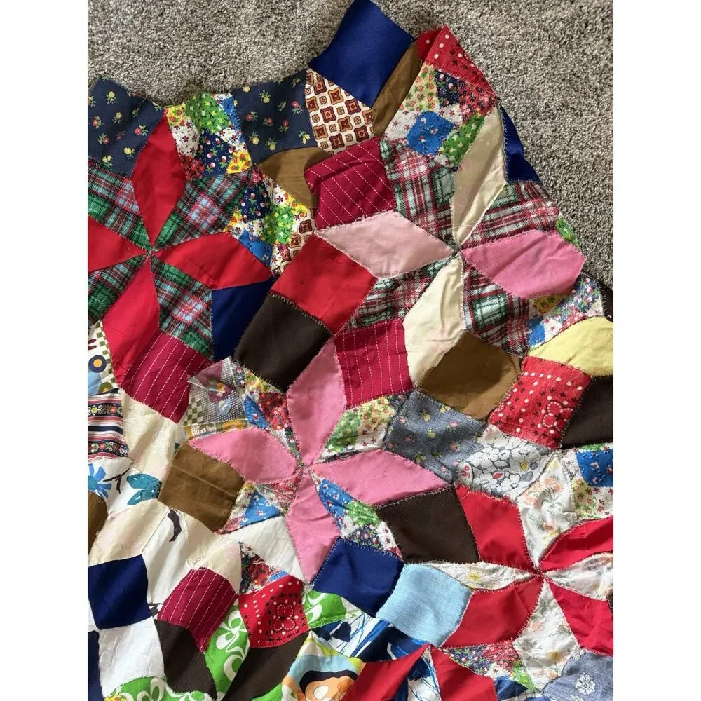 VINTAGE CRAZY QUILT TOP Kaleidoscope 8 Point Star COLORFUL Quilt OOAK Hand Sewn